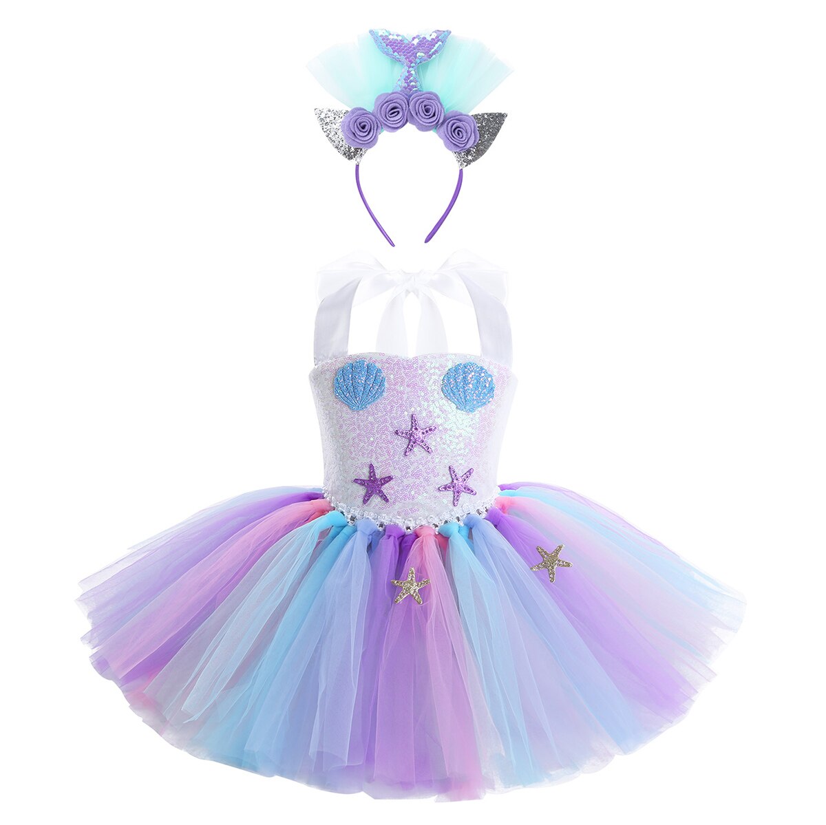 Vestido de tutú de malla para niña y niño, traje de cuello Halter, lentejuelas brillantes, festoneado y estrella de mar con aro de pelo para disfraz de de Halloween, 2 uds.