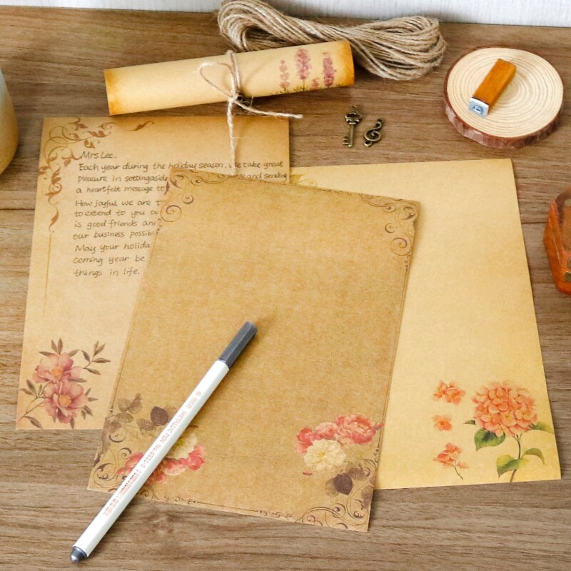 16sheets Vintage Flower Kraft Letter Paper Brown Craft Writing Paper Stationery Letter Pad Office Supplies