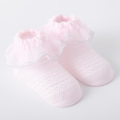 Zomer 0-3y baby meisjes kanten sokken ademende mesh sokken kinder prinses katoenen sokken wit roze geel schattig: Roze / S