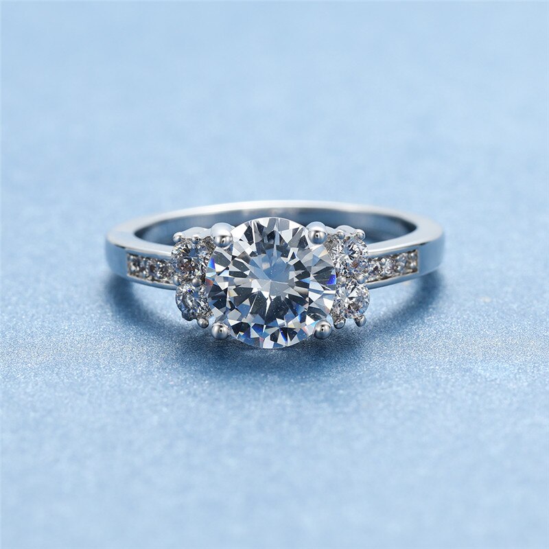 Anel de noivado romântico do amor do anel de dedo do zircão redondo feminino de luxo para as mulheres elegante prata cor solitaire