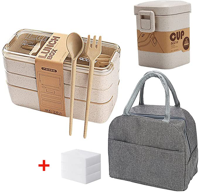 3 Layer Wheat Straw Lunch Box with Bag Japanese Microwave Bento Box with Fork Spoon Food Container for Student Office Staff: 1set beige A