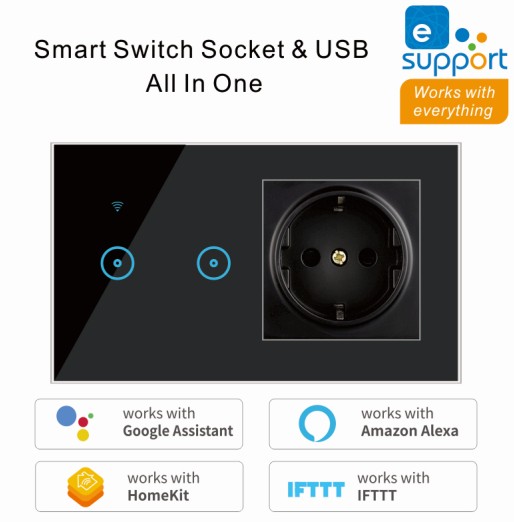 2 In 1 Wall Smart Switch Socket Tempered Glass for Ewelink and smart life APP Touching Button Wall Smart Light Controlling Panel: 2gang black