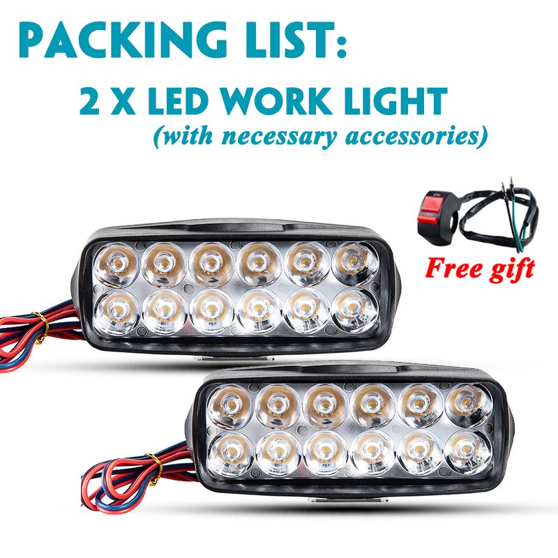 Motorcycle Headlight 12V Motorbike Spot Head Light 8 12 16 led Scooter ATV Moto Headlamp 24V Motor auxiliary driving Work light: 12 led 2pcs
