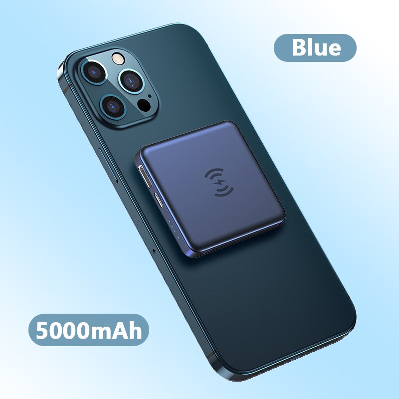 Magnetic Wireless Power Bank For Magsafe Chargers PowerBank For iPhone 12 Pro Max 12Mini 5000mAh External Battery Fast Charging: Blue