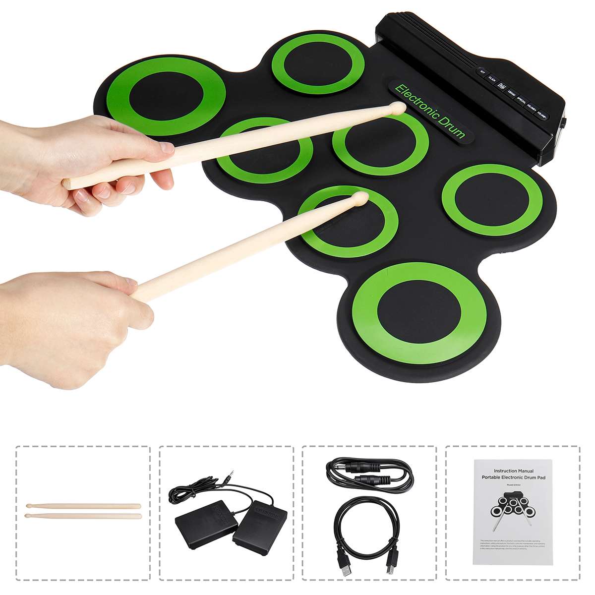 Vouwen Siliconen Elektrische Drum Pad Kit Digitale Usb Roll Up Drum Set Met Drumstokken Voetpedaal Draagbare Elektronische Drum: GREEN