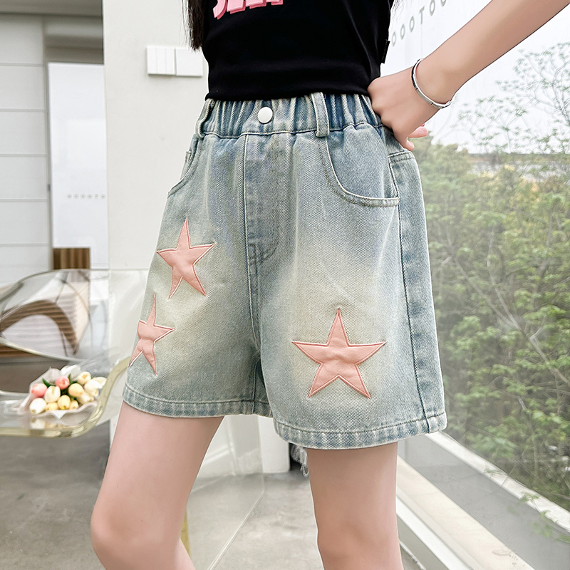 Meisjes zomer lederen vijfpuntige ster shorts 2025, nieuw product mode vijfpuntige ster jeans casual sportshorts 5-15 jaar o
