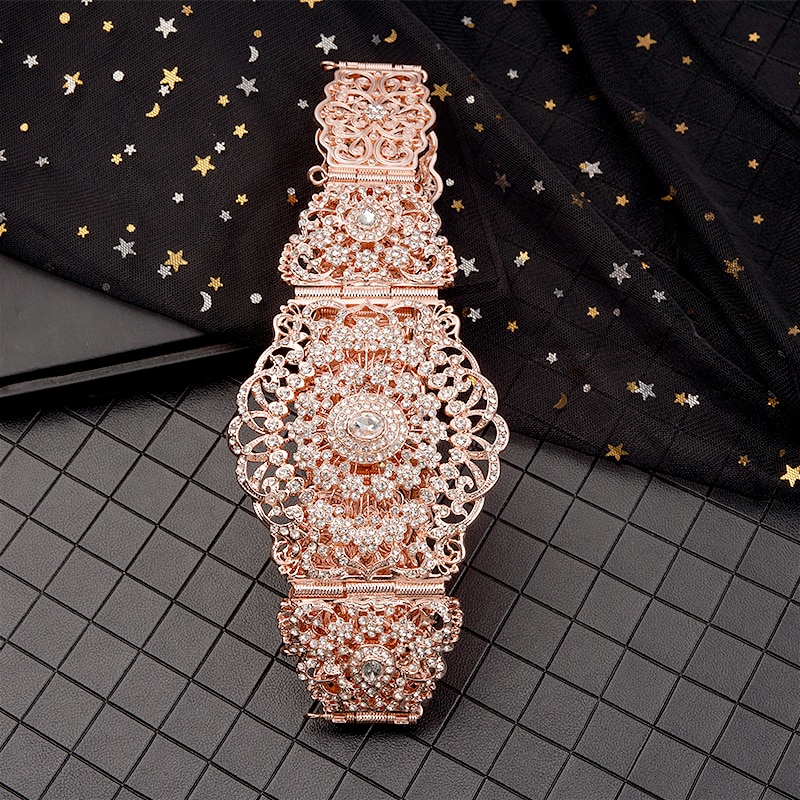 Prachtige Marokkaanse Stijl Verstelbare Lengte Lichaam Sieraden Taille Keten Vrouw Vol Diamanten Uitgeholde Zilver Metalen Riem