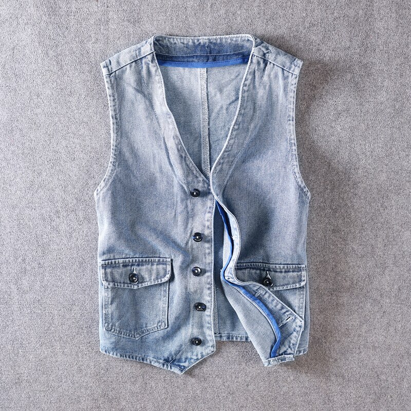 Engeland Style Mannen Vest Licht Blauw V-hals Vintage Pak Denim Vest Mannen Heren Mouwloze Jas Homme Chaqueta: M