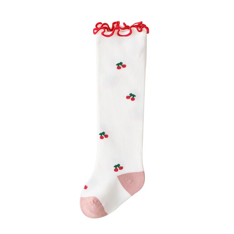 Prinses Cherry Print Ruche Baby Sok Zacht Katoen Elastische Lange Kid Meisje Sok Zoete Herfst Knie Hoge Pasgeboren Peuter Stroken sok: white