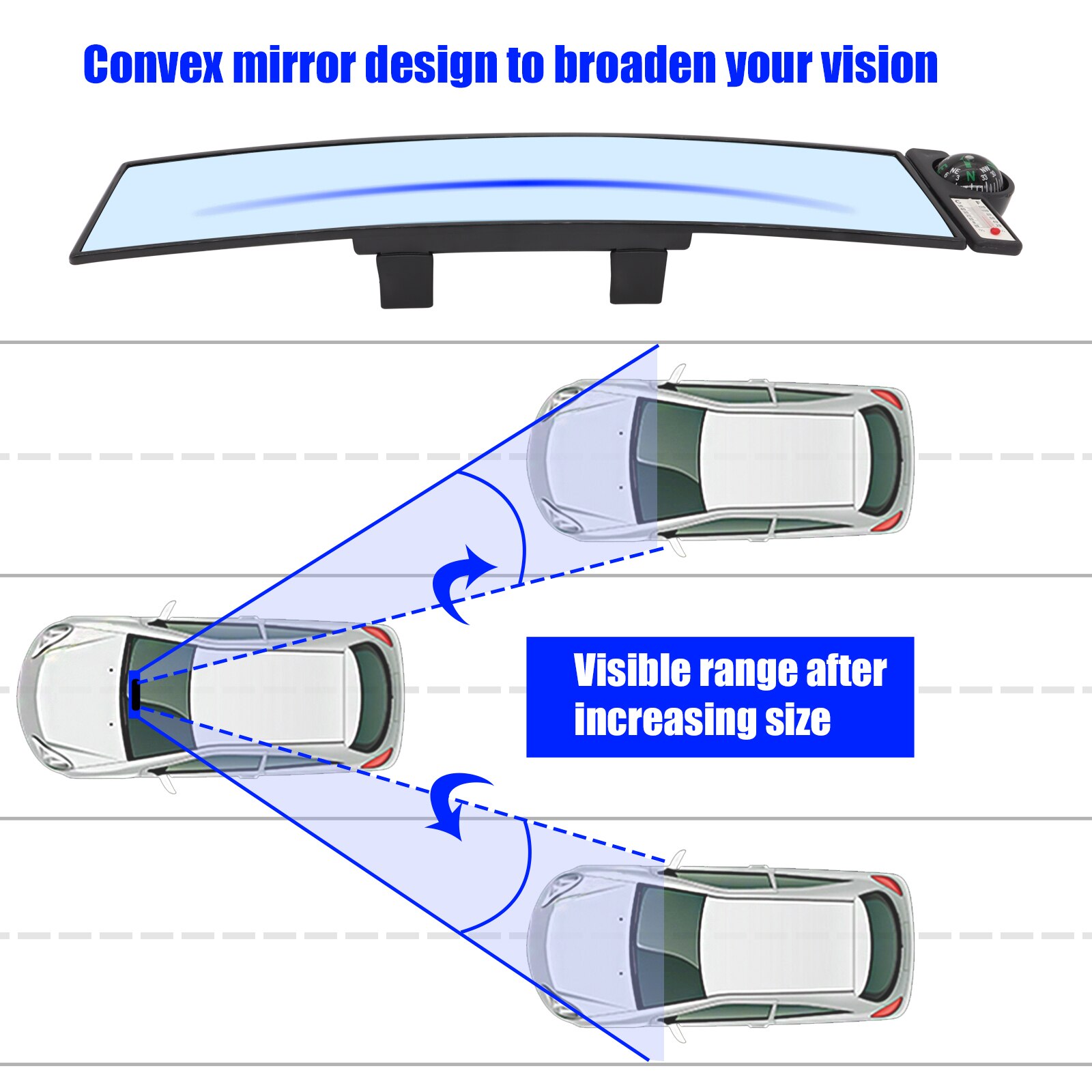 Espejo retrovisor de gran angular para coche, espejo retrovisor Interior antideslumbrante con brújula, punto ciego, enganche en espejos, asiento trasero, reloj azul para bebé y Chico