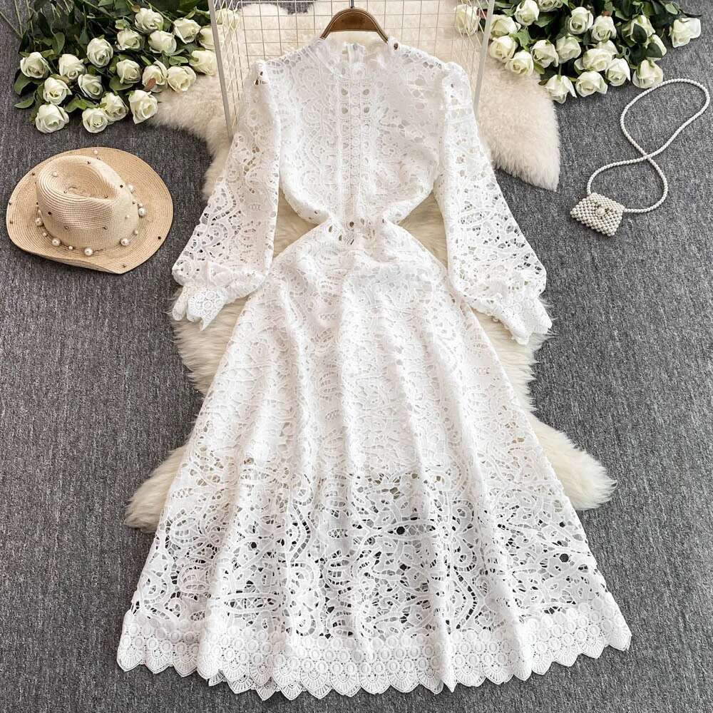 Forårskjole med udhulet blomsterbroderi, hvid blonde, festkjole til kvinder, langærmede midikjoler til aftenbryllup, vestidos: Xxl / Hvid