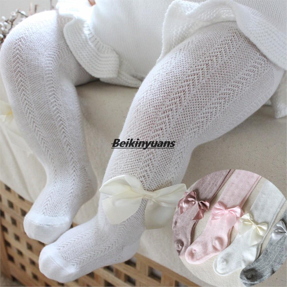 Medias de malla de verano para niña, transpirables pantimedias de algodón suave, con bonitos lazos, Color sólido