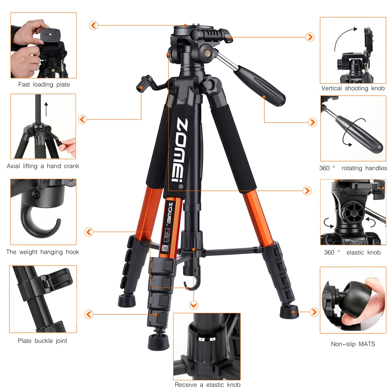 Przenośny statyw ze stopu aluminium Zomei o wysokości 187 cm/73,6 cala do lustrzanki cyfrowej Canon Nikon, 360 stopniowy statyw fotograficzny na telefon