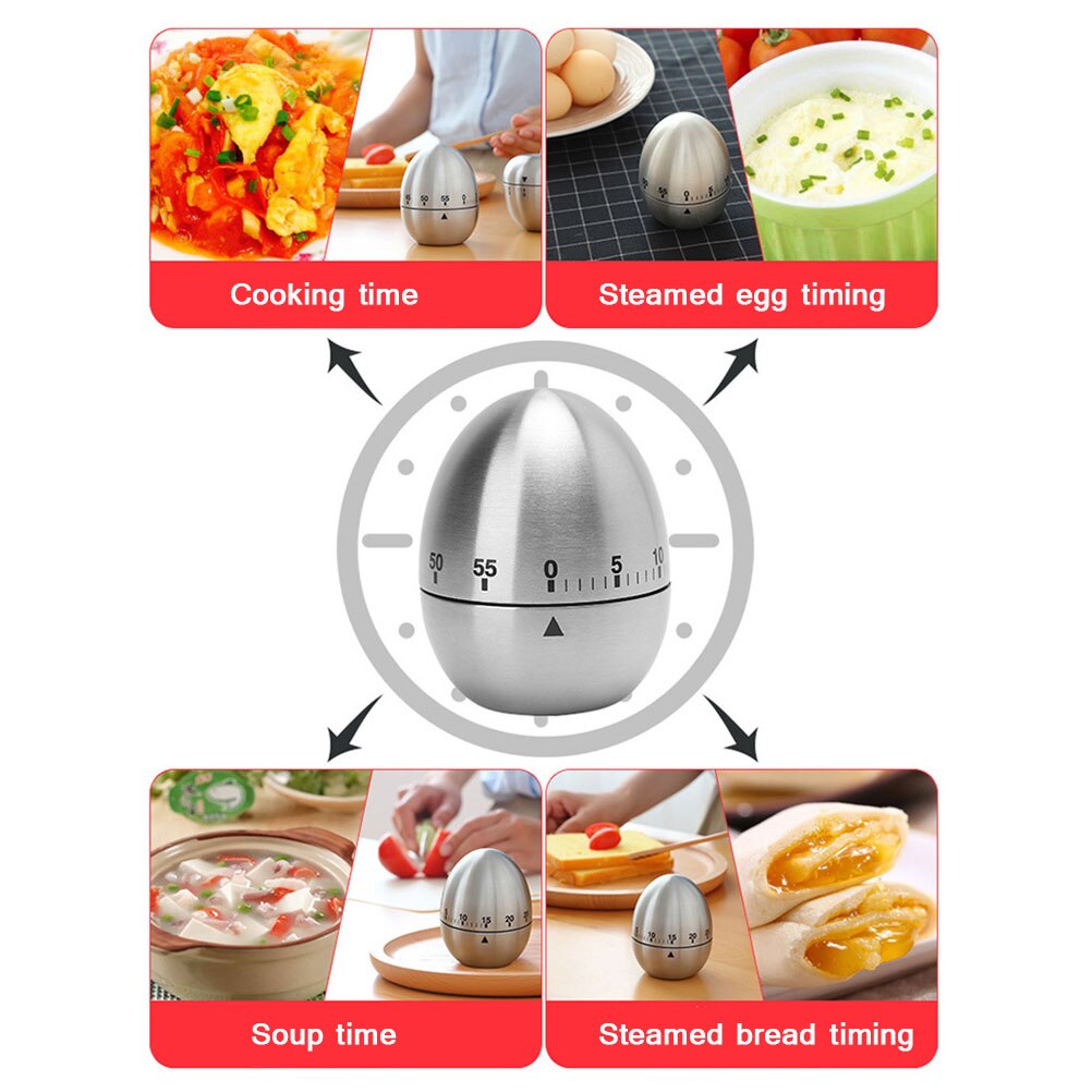 Egg Shape Kitchen Timer Stainless Steel 60 Minutes Count-Down Kitchen Timer Kitchen Tools Alarm Mechanical Countdown