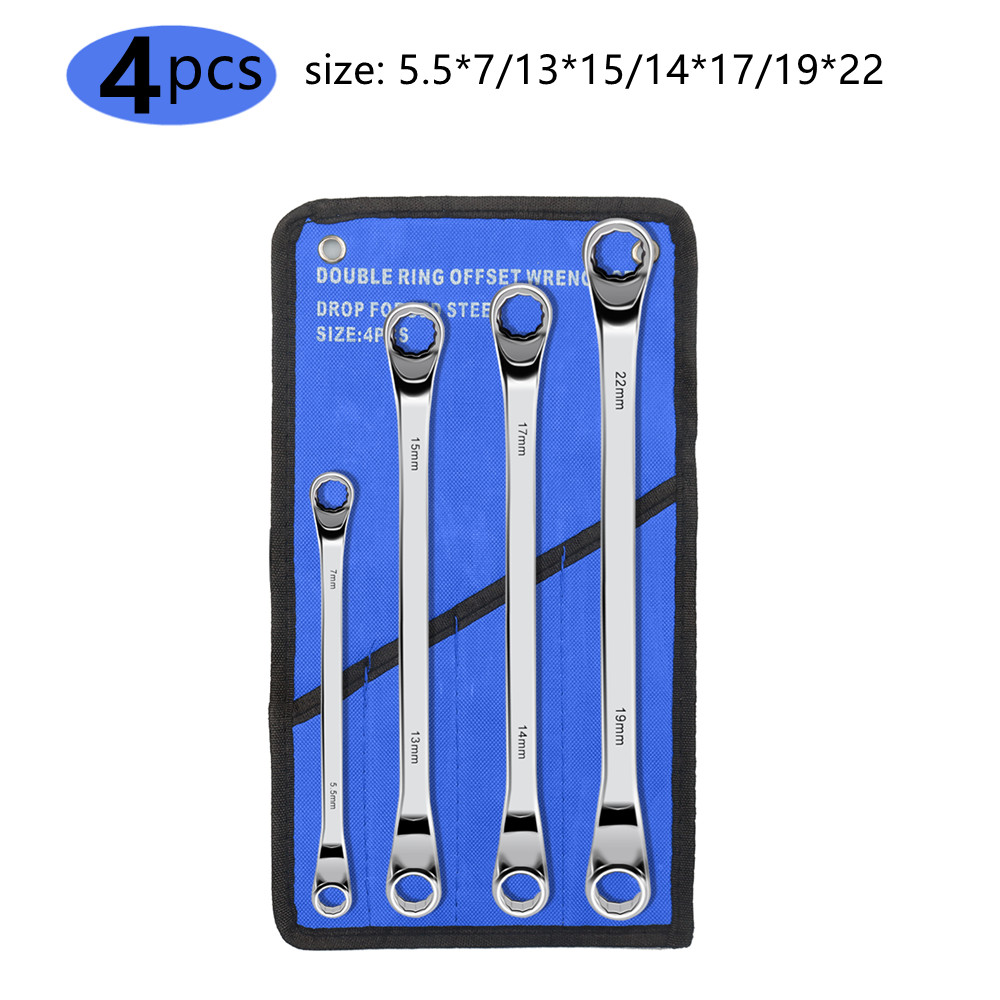 Offset Box End Wrench Set, 45# Carbon Steel Metric 45-Degree, HRC38-45 Long Double Ring Wrench Spanners with Rolling Pouch: black