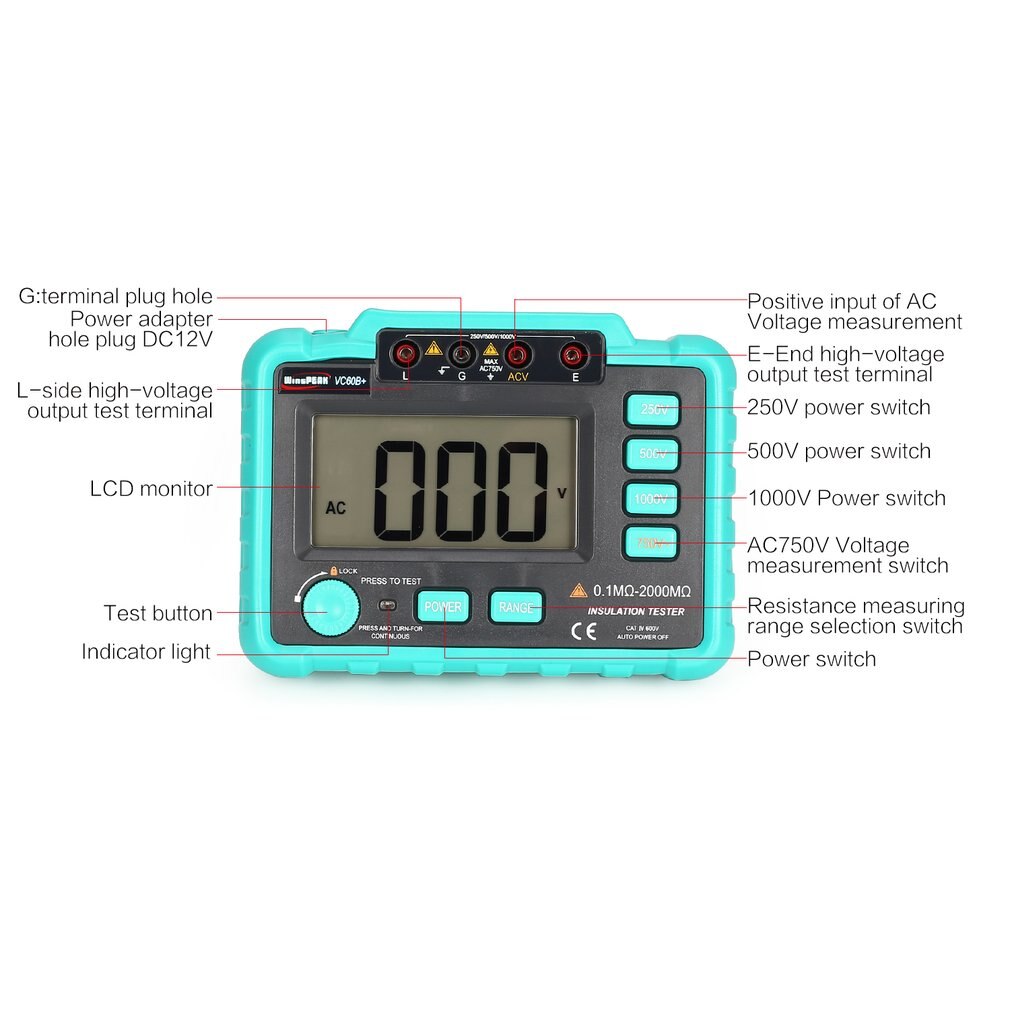 VC60B+ 1000V Digital Auto Range Insulation Resistance Meter Tester Megohmmeter Megger High Voltage LED Indication