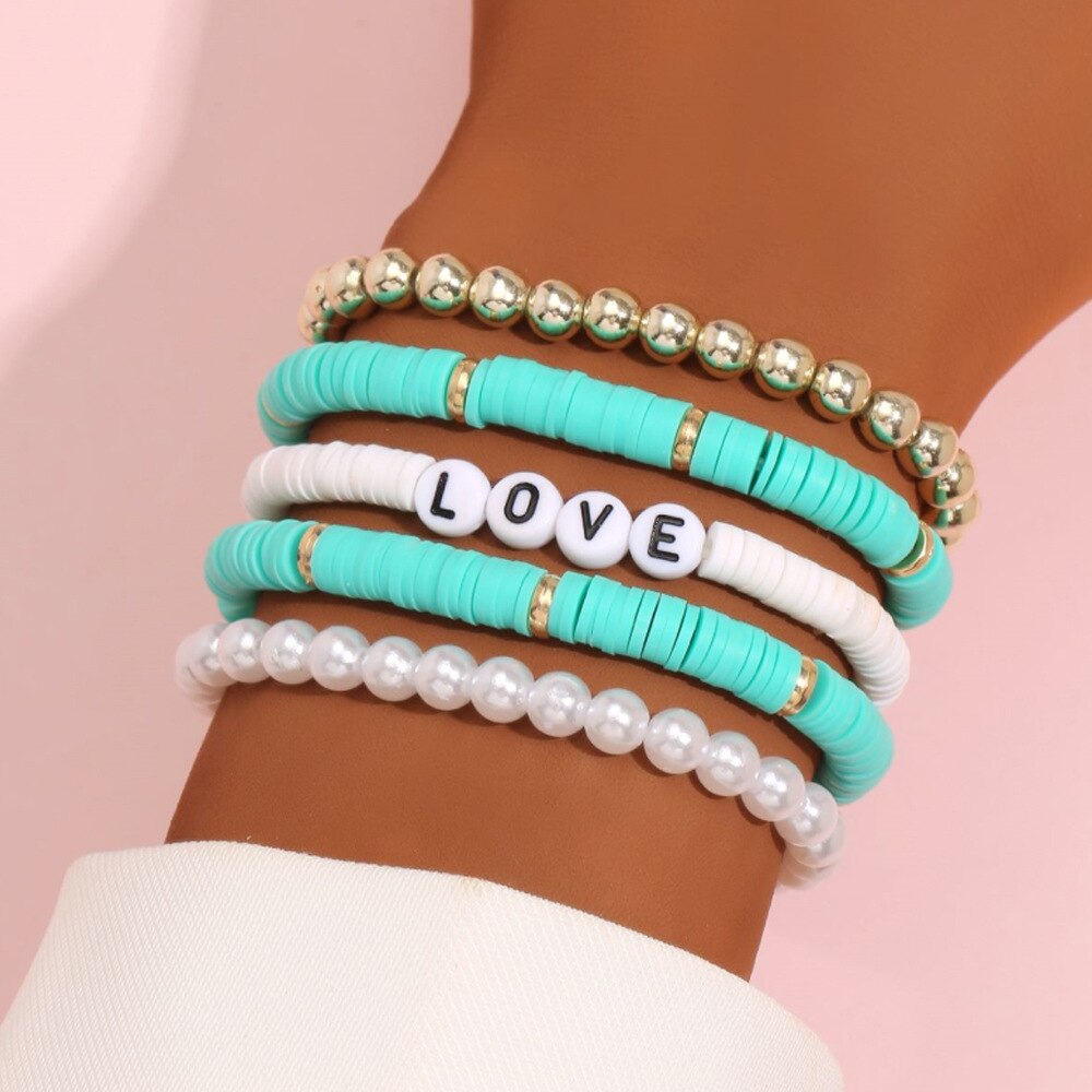Conjunto de pulseras apilables de arcoíris para mujer, dije de corazón, arcilla suave, cuentas de capas de cerámica, brazalete de cadena, joyería Bohemia femenina: Rodio plateado