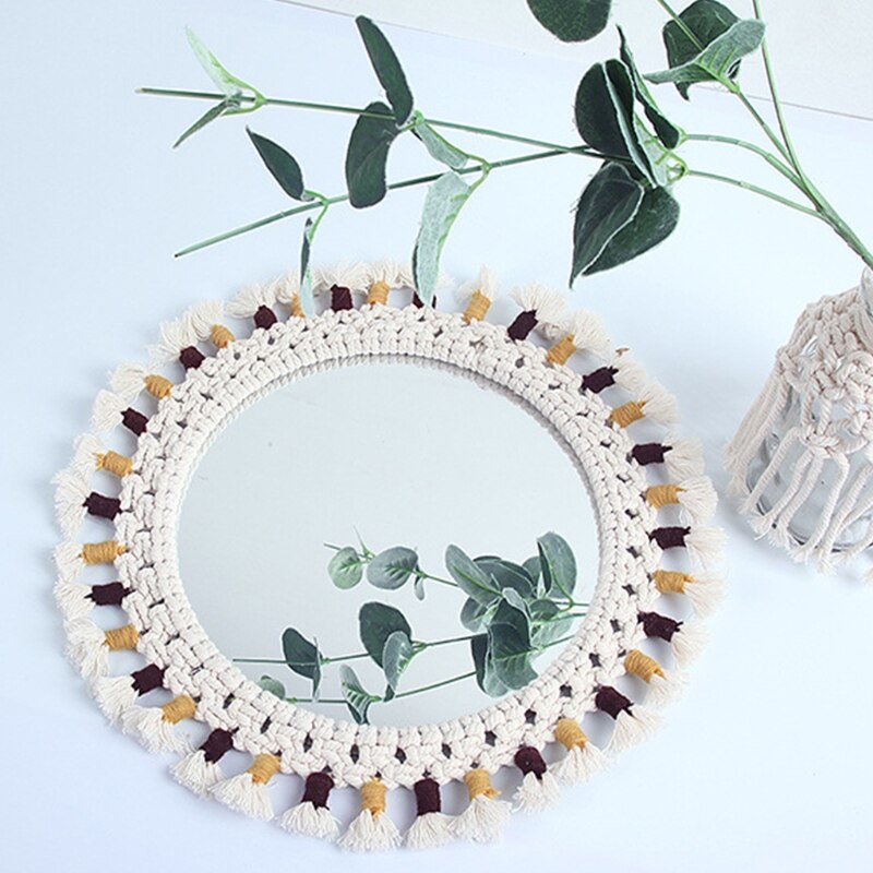 Round Cotton Rope Braided Tassel Mirror Wall Frame Decorative Hanging Makeup Mirror Ideal for Home Hanging Decoration Woven Make