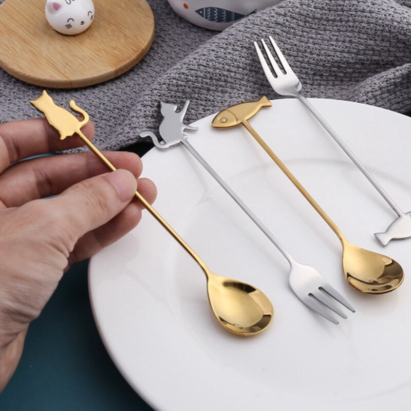 304 Stainless Steel Cat Fish Coffee Spoon Stirring Spoon Cute Dessert Milk Tea Spoon Household Kitchen Coffee Stirring Tableware