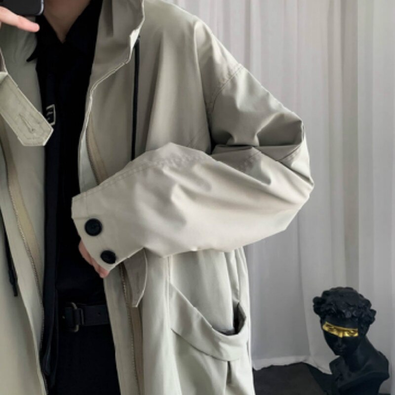 Mężczyźni wykop jednolity, na zamek płaszcze styl japoński luźne średnie długie Hipster nastolatków odzież z kapturem Ulzzang Streetwear studenci Harajuku