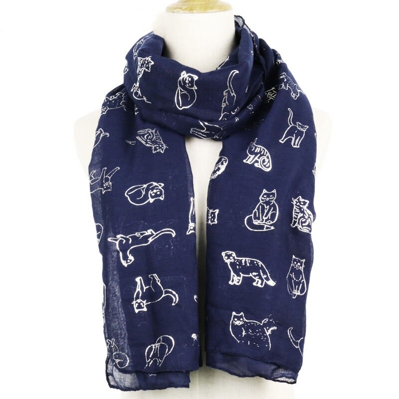 Winfox Ladies Cute Cat Foil Print Scarf Wrap shawl Travel Women Female Black Navy Scarf Autumn Winter Shawls hijab