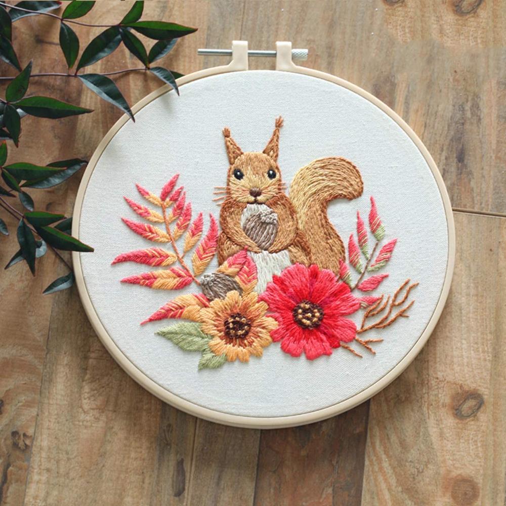 DIY Embroidery kit Handwork Needlework for Beginner Cross Stitch Embroidery With Flowers Animals Pattern English Instructions: squirrel