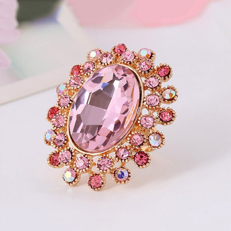 Retro Charm Oval Grote Kristallen Ring Overdreven Chunky Rhinestone Verstelbare Grote Trouwringen Luxe Glas Statement Sieraden: Roze