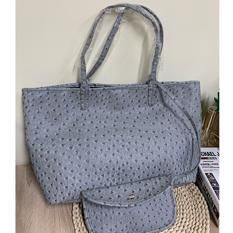 TOPHIGH Krokodil aufbringen Frauen Handtasche Strauß/Schlange Frauen Schulter Tasche Quaste Tote Große Kapazität Einkaufstaschen: Strauß Himmel grau