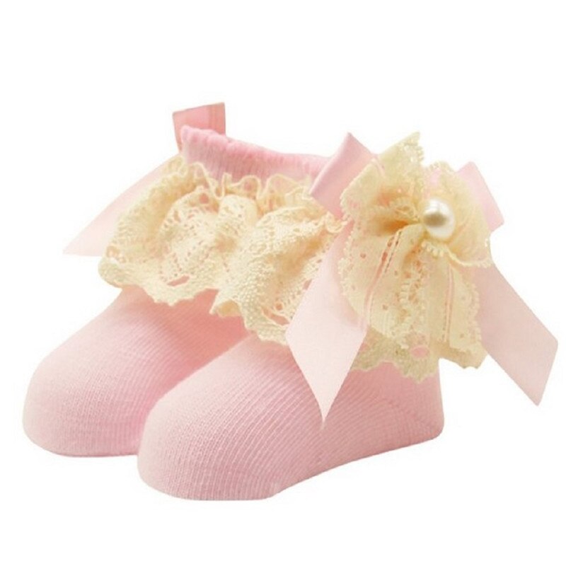 Miúdos bonitos Do Bebê Meninas Lace Ruffle Folhos Ankle Bow Meias Princesa Meias de Algodão Meias Curtas: Rosa