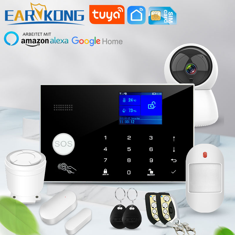 Wifi GSM Alarmsysteem 433 MHz Thuis Inbreker Beveiligingsalarm Draadloze bedrade detector RFID Touch-toetsenbord Temperatuur Vochtigheid Alexa