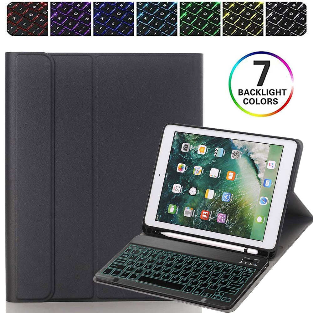 Wireless Keyboard For iPad 10.2 inch Case PU Leather Flip Stand Cover For iPad 7th Gen 10.2" Backlit Bluetooth Keyboard: Black-Backlit