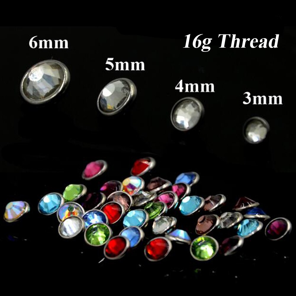 40piece/box Flat CZ Crystal Dermal Anchor Tops with 16g Thread Skin Piercing Jewelry mixed colors