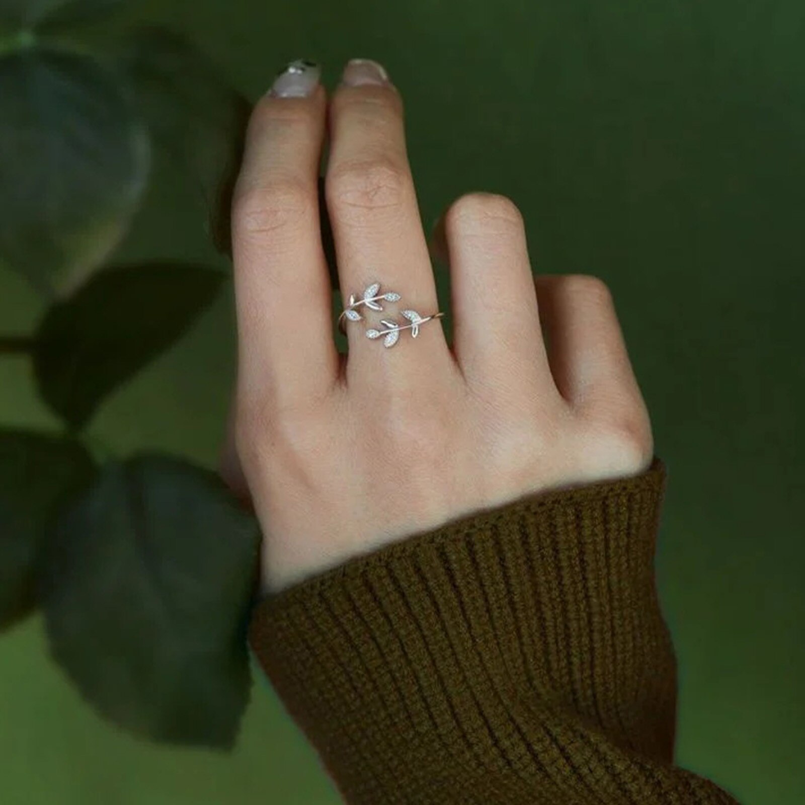 Anillos de hojas abiertas a la para mujer y niña, oro rosa, planta ajustable, nudillo, anillo de compromiso, joyería para y boda