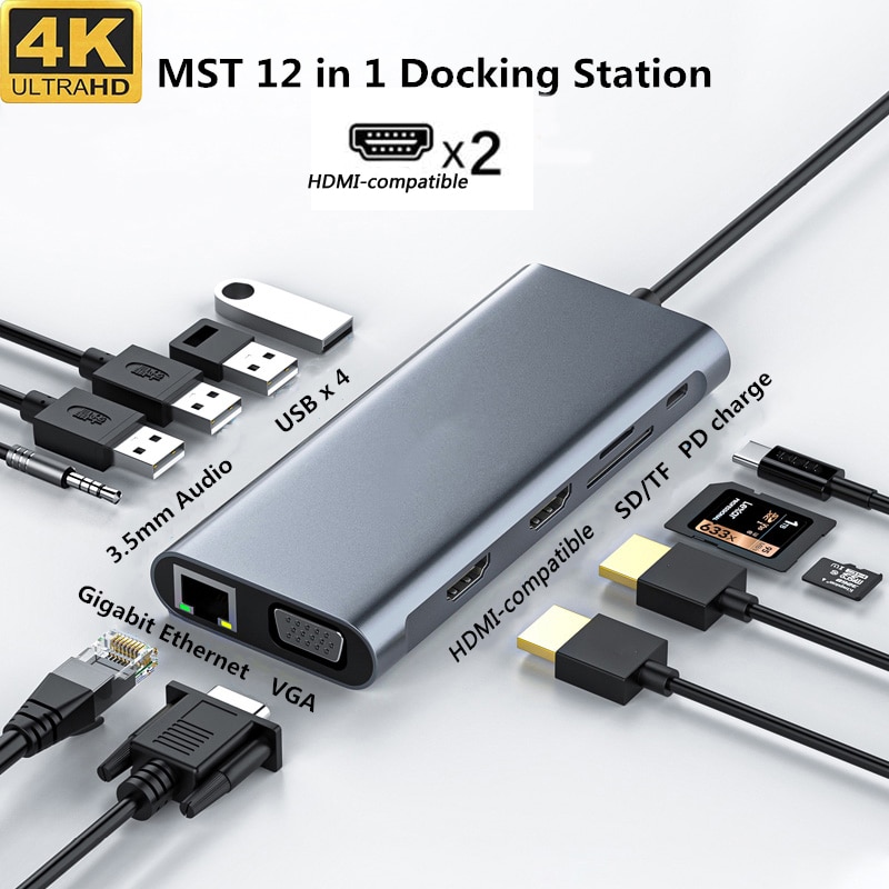 Usb type c hub til hdmi-kompatibel mst 4k vga usb c hub dokkingstasjon  rj45 lan ethernet sd tf til macbook usb hub adapter
