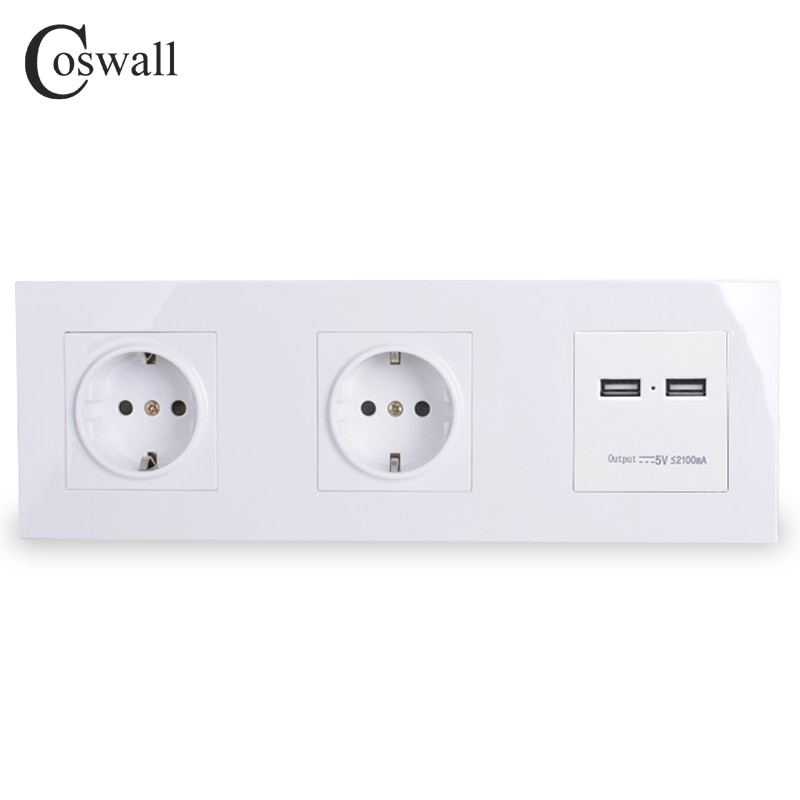 Coswall vegg pc panel dobbel stikkontakt 16a eu stikkontakt dual usb smart ladeport 5v 2a utgangsridder svart farge
