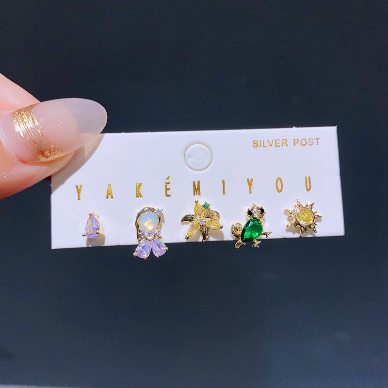 Gemischte 5 teile/satz Bunte Zirkon Kristall Märchen Zucht Ohrringe für Frauen Mädchen Party Schmuck: Rose Gold Farbe