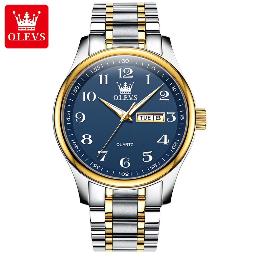 OLEVS-reloj de cuarzo clásico para hombre, cronógrafo de pulsera, esfera Digital, indicador de fecha y semana, luminoso, resistente al agua, dorado: Azul