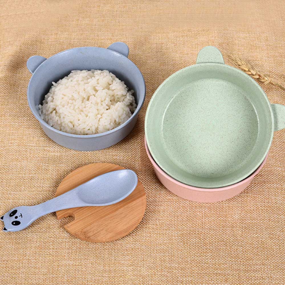 1pcs Baby Feeding Food Tableware Cartoon Panda Kids Dishes Baby Eating Dinnerware Set Wheat Stalk Anti Training Bowl Spoon