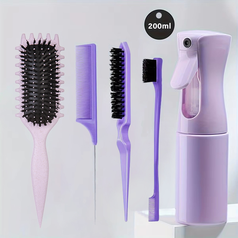 5-Piece Detangling & Styling Set: Curl Candy Bursh Curved Rat Tail Comb Edge Control Brush - Perfect for Salon Results: black