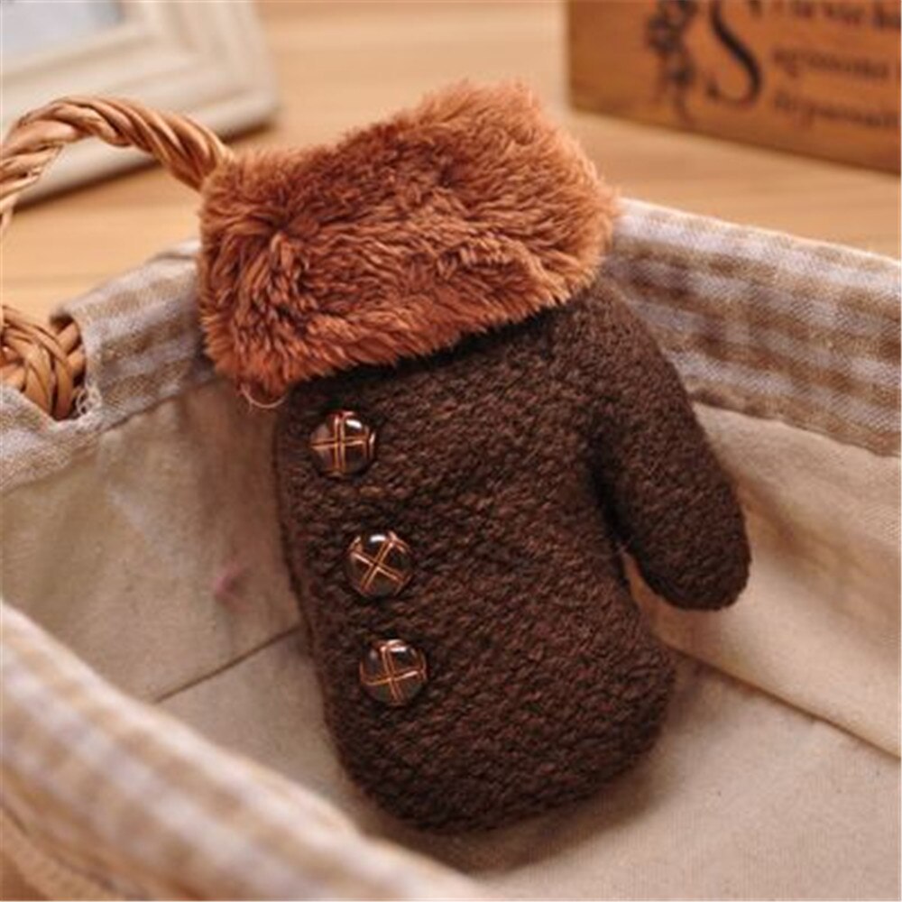 Inverno bebê meninos meninas luvas de dedo cheio crianças luvas de corda de algodão quente crianças tricô botão sólido mittens: Coffee