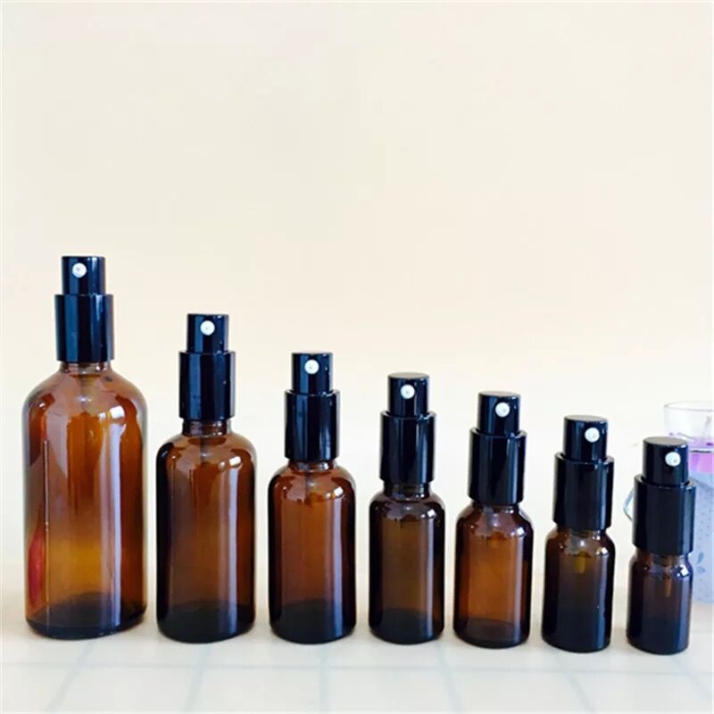 2pcs 5-100ml Portable Amber Glass Essential Oil Spray Bottles Mist Sprayer Container Travel Refillable Bottle Transparent Brown
