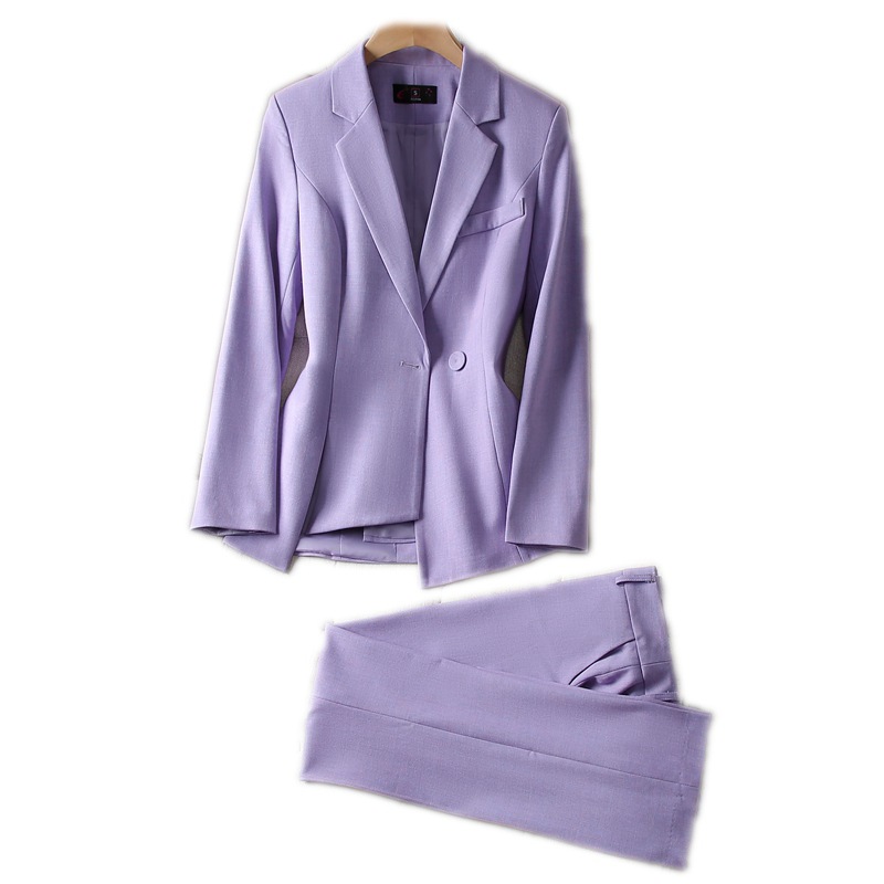 Asymmetric Size S-4XL Women Pant Suit Blue Purple Black Two Pieces Set Single Button Blazer With Trouser For Spring