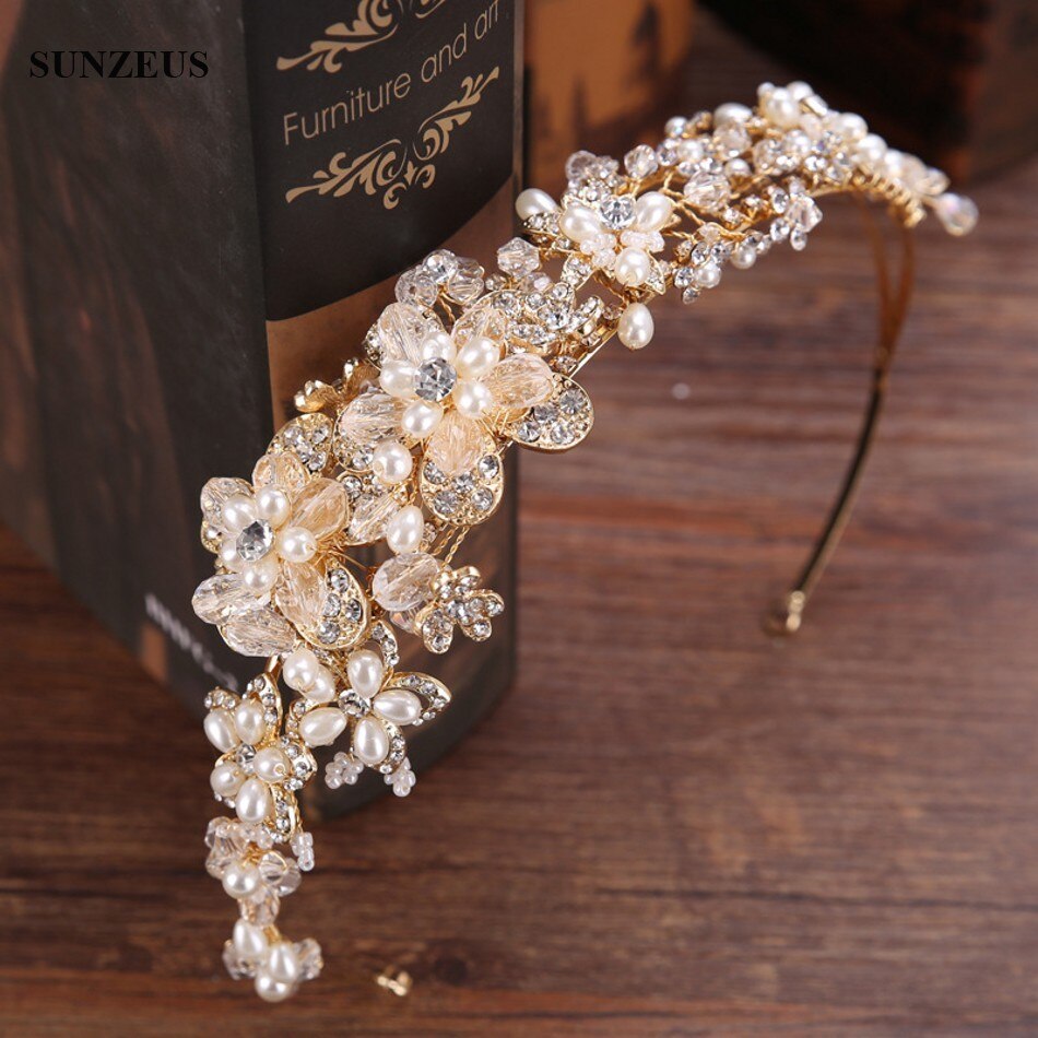 Diadema de novia dorada, corona de flores de cristal para Boda, perlas, Accesorios para novia, Boda SQ0217