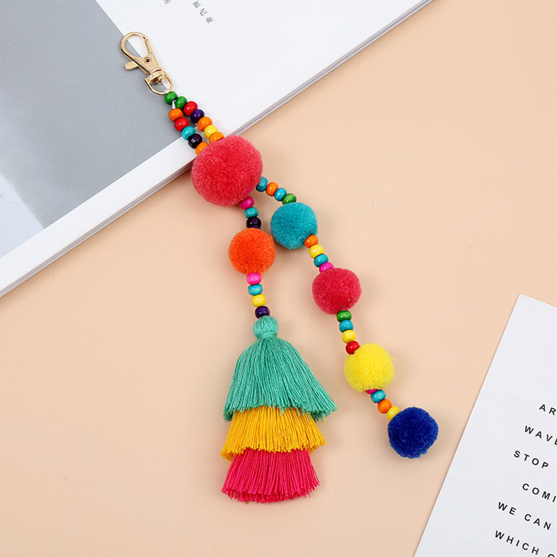 1pc Boho Style Colorful Keychains Wooden Beads Pompom Keyring With Rainbow Tassel Jewelry For Summer Women