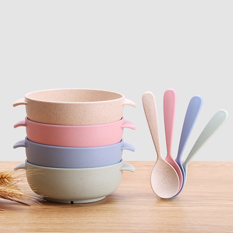 2pcs Baby Feeding Tableware Set Eco-Friendly Wheat Straw Infant Plate Children Dish Dinnerware Kids Anti Training Bowl+Spoon
