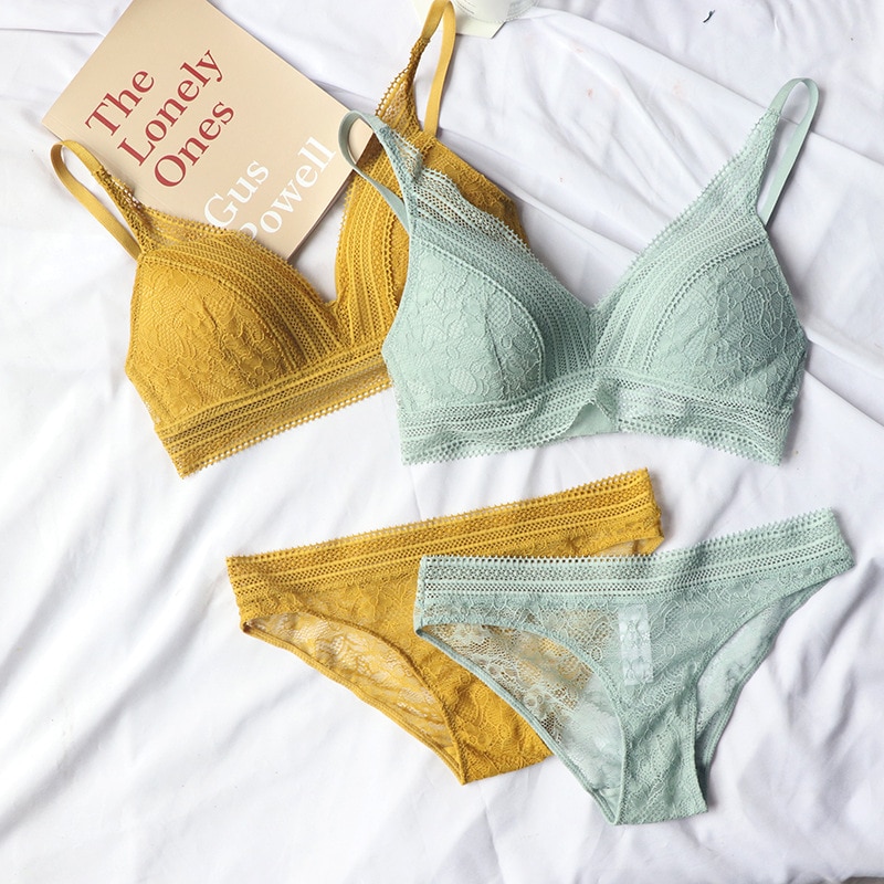 Neue Frauen 4 Farbe Unterwäsche Französisch Draht-Freies Ultra-dünne Bralette sexy Spitze Dreieck Tasse drücken-hoch Bh einstellen Baumwolle Bh und Höschen