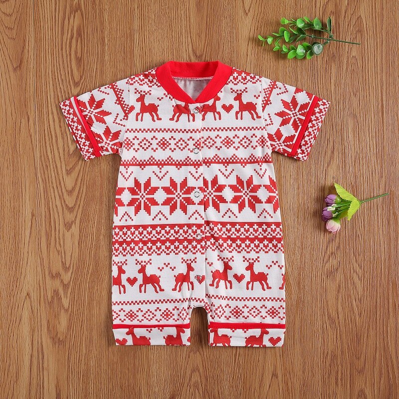 0-24M Newborn Baby Boy Girl Christmas Romper Short Sleeve Single Breasted Print Cotton One Pieces Jumpsuit Xmas Clothes