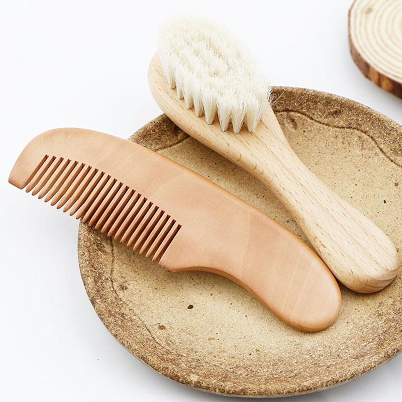 Brosse en bois laine naturelle pour bébé | 2 pièces 100% peigne Saft brosse à cheveux -né masseur de tête pour enfants, produits de soins pour enfants