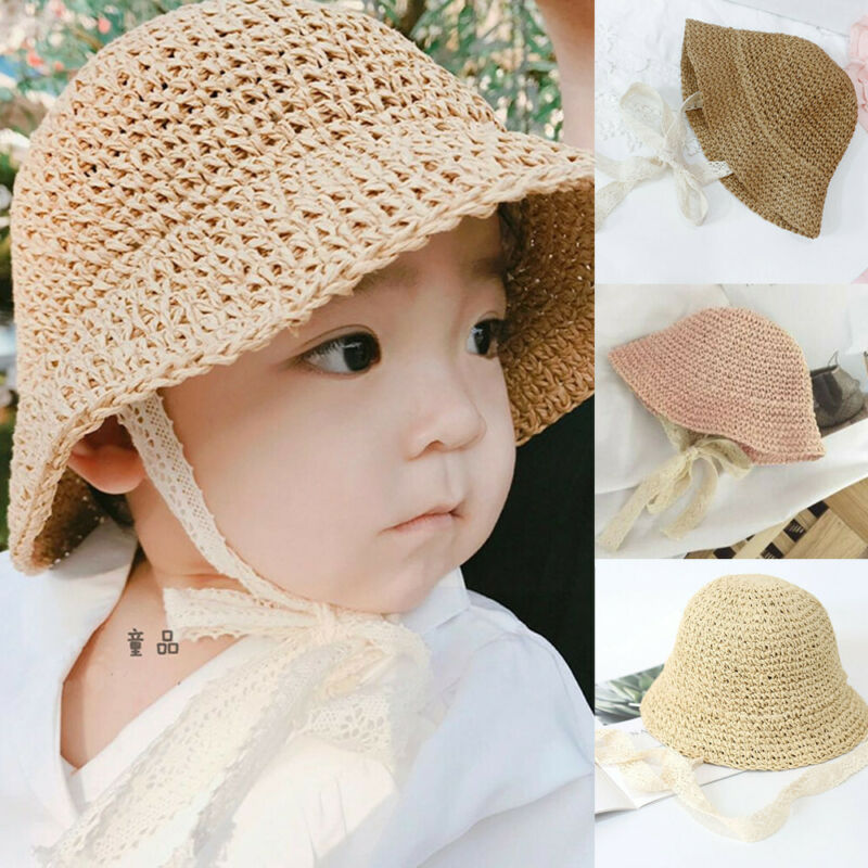 Barn spädbarn baby flicka solhatt prinsessa spets halm solhatt hink hatt sommar strand avslappnad fashon fest hatt
