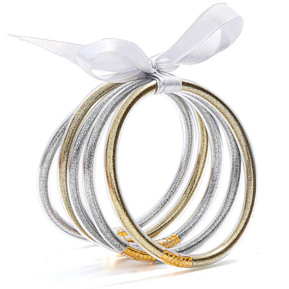 5 PCS/Set Bowknot Gold Silver Color Glitter Bangles Set All Weather Stack Silicone Plastic Glitter Jelly Bracelet: KFB1870-20
